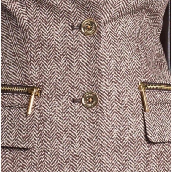 Michael Kors Women Jacket Brown Faux Leather Sleeve Tweed Size 4 - Picture 6 of 12